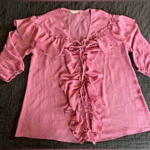 EUC Entro Pink Sheer Ruffle‎ Blouse Size Large